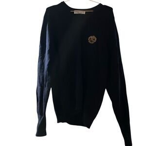 Vintage BURBERRYS Navy Blue V-neck Lambswool Sweater with Crest, Size 40”